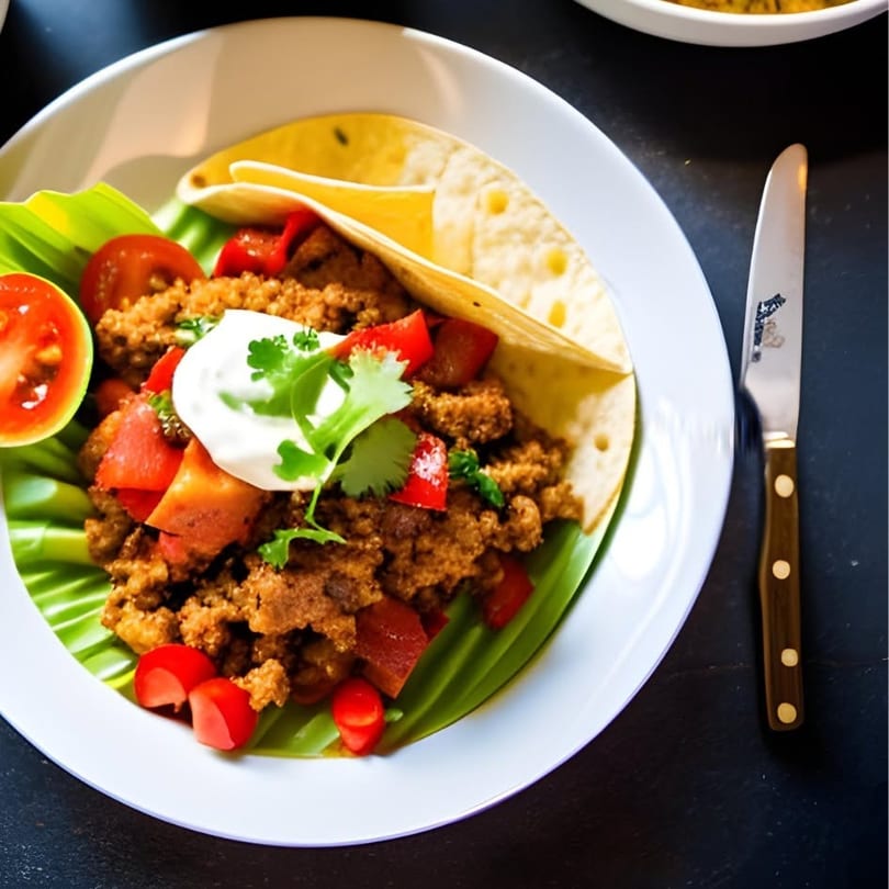 A taco with ground meat, diced tomatoes, sour cream, and cilantro on a white plate with a knife.
