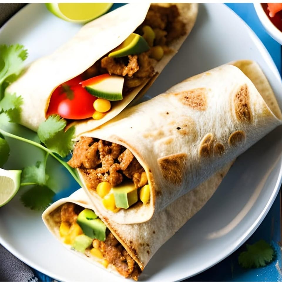 Three burritos filled with meat, corn, avocado, and tomato, garnished with cilantro and lime.