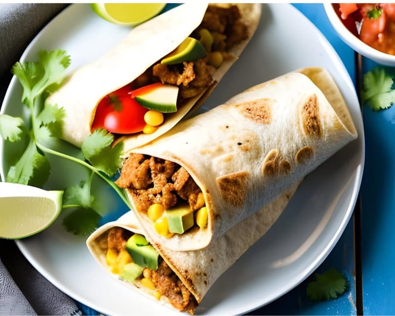 Three burritos filled with meat, corn, avocado, and tomato, garnished with cilantro and lime.