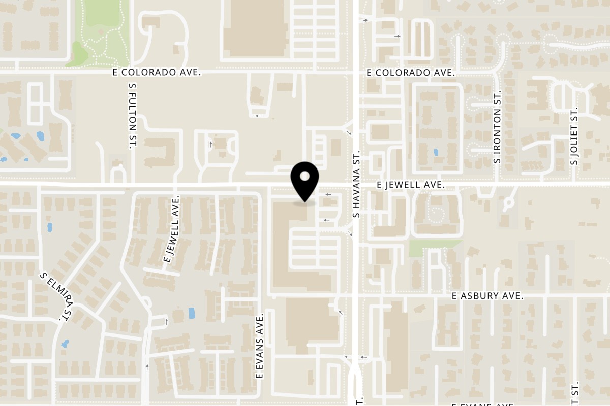Map showing the location of Piramides Mexican Restaurant on 1911 S Havana St in Aurora